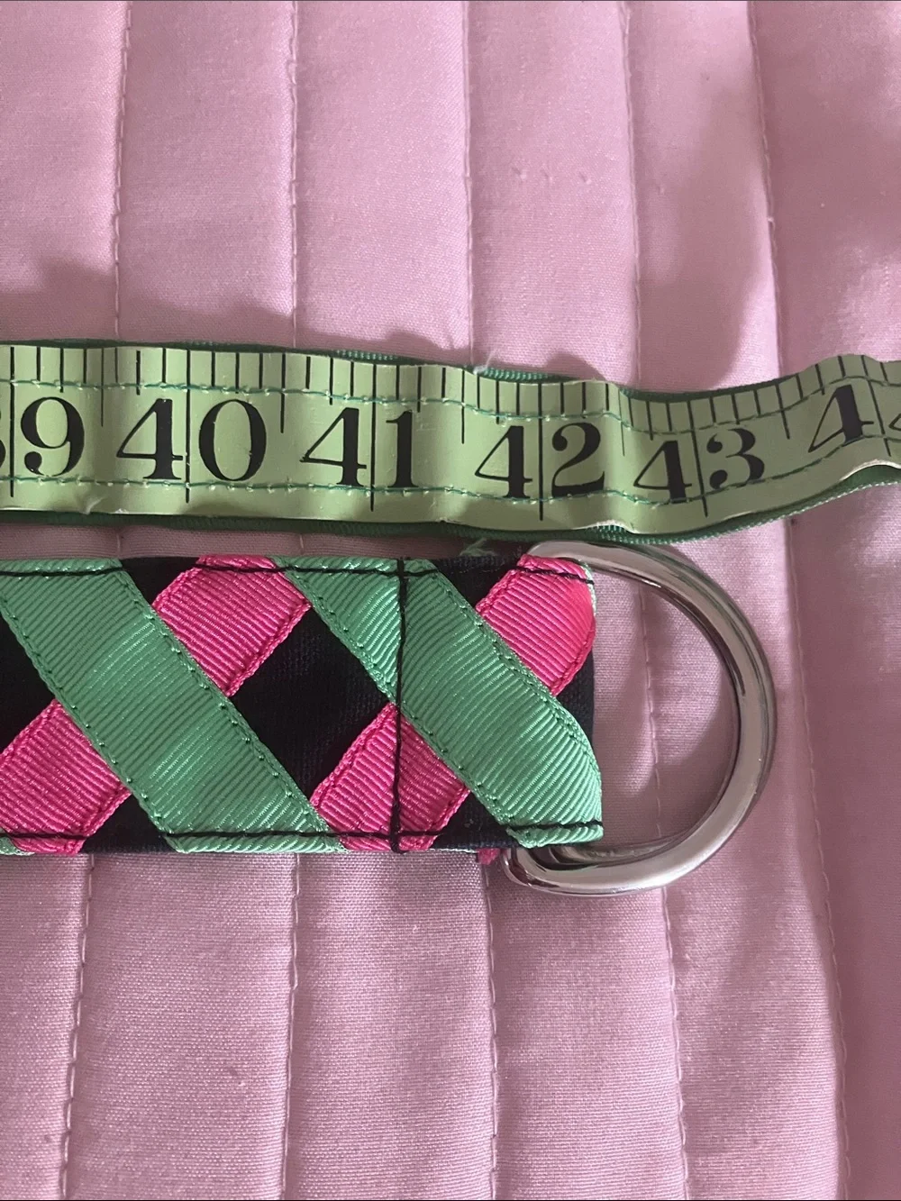 Super preppy green & pink grosgrain ribbon belt M